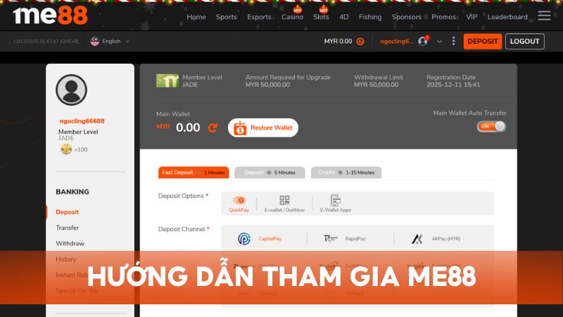 Hướng dẫn thao tác đơn giản trên Me88 để tham gia cá cược nhanh chóng