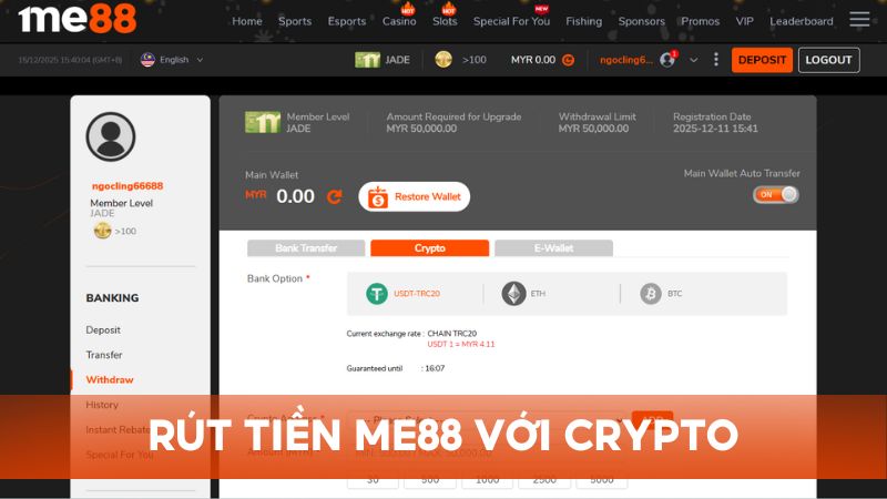 Rút tiền với Crypto tại Me88 phù hợp cho người chơi quốc tế